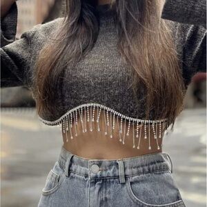 Zara Charcoal Beaded Fringe Crop Top